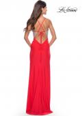 Picture of: Ruched Dress with Rhinestone Sheer Bodice in Hot Coral, Style: 31590, Detail Picture 6