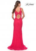 Picture of: Stretch Lace Gown with Slit and Open Keyhole Back in Hot Coral, Style: 29978, Detail Picture 7