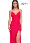 Picture of: Ruched Jersey Prom Dress with Slit in Hot Coral, Style: 31131, Detail Picture 7