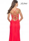 Picture of: Lace Asymmetrical Gown with Jersey Skirt and Twist Knot Detail in Neon in Hot Coral, Style: 31447, Detail Picture 7
