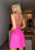 Picture of: Sparkle Lace-Up Fit-and-Flare Mini Dress in Hot Fuchsia, Style 34157, Detail Picture 5