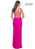 Picture of: Ruched Jersey Dress with Draped Neckline and High Slit in Hot Fuchsia, Style: 32152, Detail Picture 9