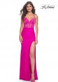 Picture of: Neon Illusion Lace Bodice Prom Dress with Rhinestones in Hot Fuchsia, Style: 32321, Detail Picture 9