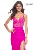 Picture of: Neon Illusion Lace Bodice Prom Dress with Rhinestones in Hot Fuchsia, Style: 32321, Detail Picture 7