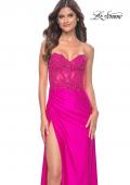 Picture of: Neon Ruched Jersey Skirt with Lace Illusion Top and Rhinestone Prom Dress in Hot Fuchsia, Style: 32329, Main Picture