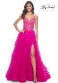 Picture of: Neon Ruffle Tulle Prom Gown with Illusion Lace Bodice and High Slit in Hot Fuchsia, Style: 32334, Main Picture