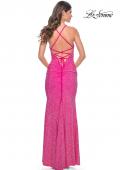 Picture of: Neon Rhinestone Embellished Ruched Prom Dress with Draped Neckline in Hot Fuchsia, Style: 31968, Back Picture