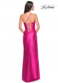 Picture of: Neon Stretch Satin Gown with Bustier Top and Lace Up Back in Hot Fuchsia, Style: 32262, Back Picture