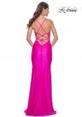 Picture of: Neon Beaded Illusion Top with Ruched Jersey Skirt Prom Dress in Hot Fuchsia, Style: 32324, Back Picture