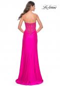 Picture of: Neon Ruched Jersey Skirt with Lace Illusion Top and Rhinestone Prom Dress in Hot Fuchsia, Style: 32329, Back Picture