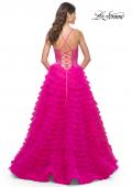 Picture of: Neon Ruffle Tulle Prom Gown with Illusion Lace Bodice and High Slit in Hot Fuchsia, Style: 32334, Back Picture