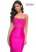 Picture of: Neon Ruched Jersey Dress with Illusion Corset Lace Top in Pink, Style: 32322, Detail Picture 1