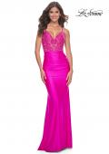 Picture of: Neon Beaded Illusion Top with Ruched Jersey Skirt Prom Dress in Hot Fuchsia, Style: 32324, Detail Picture 1