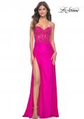 Picture of: Neon Ruched Jersey Skirt with Lace Illusion Top and Rhinestone Prom Dress in Hot Fuchsia, Style: 32329, Detail Picture 1