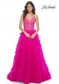 Picture of: Neon Ruffle Tulle Prom Gown with Illusion Lace Bodice and High Slit in Hot Fuchsia, Style: 32334, Detail Picture 1