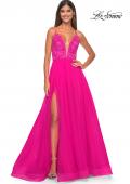 Picture of: Illusion Lace Bodice A-Line Tulle Prom Dress with Slit in Hot Fuchsia, Style: 32059, Detail Picture 2