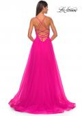 Picture of: Illusion Lace Bodice A-Line Tulle Prom Dress with Slit in Hot Fuchsia, Style: 32059, Detail Picture 3