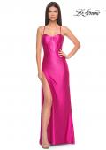 Picture of: Neon Stretch Satin Gown with Bustier Top and Lace Up Back in Hot Fuchsia, Style: 32262, Detail Picture 3