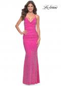 Picture of: Neon Rhinestone Embellished Ruched Prom Dress with Draped Neckline in Hot Fuchsia, Style: 31968, Detail Picture 4