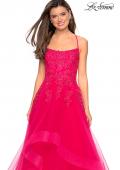 Picture of: Layered Tulle Dress with Lace Detail and Strappy Back in Hot Fuchsia, Style: 27694, Detail Picture 5
