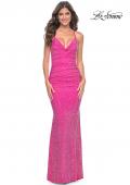 Picture of: Neon Rhinestone Embellished Ruched Prom Dress with Draped Neckline in Hot Fuchsia, Style: 31968, Detail Picture 5