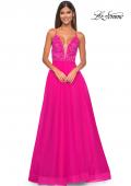 Picture of: Illusion Lace Bodice A-Line Tulle Prom Dress with Slit in Hot Fuchsia, Style: 32059, Detail Picture 5