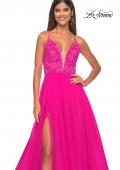Picture of: Illusion Lace Bodice A-Line Tulle Prom Dress with Slit in Hot Fuchsia, Style: 32059, Detail Picture 7