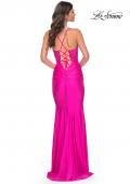 Picture of: Neon Ruched Jersey Dress with Illusion Corset Lace Top in Pink, Style: 32322, Detail Picture 7
