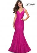 Picture of: Stretch Lace Long Dress with Open Strappy Back in Hot Pink, Style: 27623, Main Picture