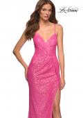 Picture of: Hot Pink Draped Slit Long Sequin Gown with Lace Up Back in Pink, Style: 30624, Main Picture