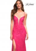 Picture of: Hot Pink Stretch Lace Prom Dress with Deep V Neckline in Pink, Style: 30686, Main Picture
