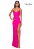 Picture of: Bustier Top Jersey Prom Dress with Intricate Lace Up Back in Hot Pink, Style: 32256, Detail Picture 11