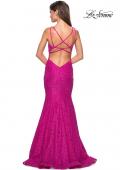 Picture of: Stretch Lace Long Dress with Open Strappy Back in Hot Pink, Style: 27623, Back Picture