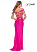 Picture of: Off the Shoulder Prom Dress with Tie Back and Slit in Hot Pink, Style: 28506, Back Picture