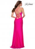 Picture of: Neon Pink Jersey Gown with Knot Waist and Lace Up Back in Hot Pink, Style 29870, Back Picture