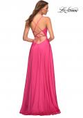 Picture of: Satin Hot Pink Gown with Criss-Cross Ruched Top in Pink, Style: 30616, Back Picture