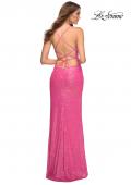 Picture of: Hot Pink Draped Slit Long Sequin Gown with Lace Up Back in Pink, Style: 30624, Back Picture