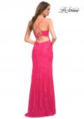 Picture of: Hot Pink Stretch Lace Prom Dress with Deep V Neckline in Pink, Style: 30686, Back Picture