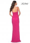 Picture of: Neon Net Jersey Rhinestone Prom Dress with Corset Waist in Pink, Style: 32338, Back Picture