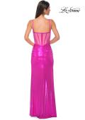 Picture of: Metallic Jersey Fitted Dress with Corset Top and Sheer Back in Hot Pink, Style 32526, Back Picture