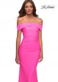 Picture of: Long Off the Shoulder Ruched Neon Jersey Dress in Pink, Style: 30421, Detail Picture 1