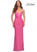 Picture of: Hot Pink Draped Slit Long Sequin Gown with Lace Up Back in Pink, Style: 30624, Detail Picture 1