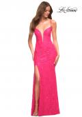 Picture of: Hot Pink Stretch Lace Prom Dress with Deep V Neckline in Pink, Style: 30686, Detail Picture 1