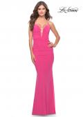 Picture of: Net Jersey Gown with Jeweled Detail in Deep V Neckline in Neon in Hot Pink, Style: 31424, Detail Picture 1
