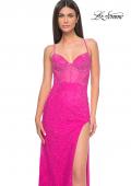 Picture of: Rhinestone Net Prom Dress with High Slit and Bustier Top in Hot Pink, Style: 32328, Detail Picture 1