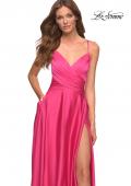 Picture of: Satin Hot Pink Gown with Criss-Cross Ruched Top in Pink, Style: 30616, Detail Picture 2