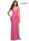 Picture of: Hot Pink Draped Slit Long Sequin Gown with Lace Up Back in Pink, Style: 30624, Detail Picture 2