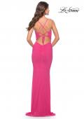 Picture of: Net Jersey Gown with Jeweled Detail in Deep V Neckline in Neon in Hot Pink, Style: 31424, Detail Picture 2