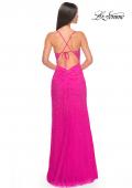 Picture of: Rhinestone Net Prom Dress with High Slit and Bustier Top in Hot Pink, Style: 32328, Detail Picture 2