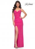 Picture of: Neon Net Jersey Rhinestone Prom Dress with Corset Waist in Pink, Style: 32338, Detail Picture 3